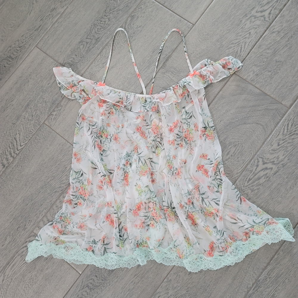 Victoria's Secret Camisole Top Floral Botanical Print Sheer Sexy Lace Large NEW
